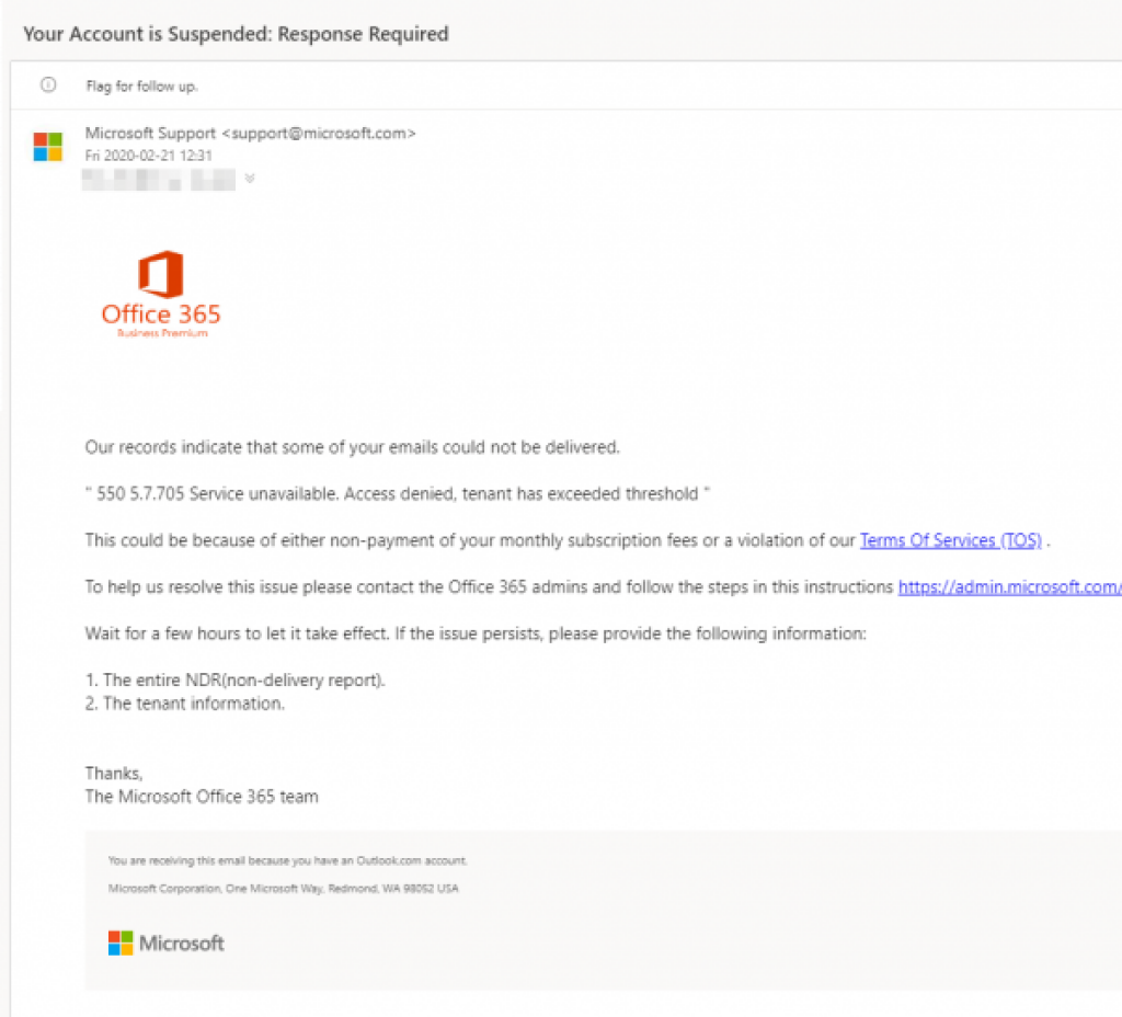 A phishing email, supposedly from Microsoft.