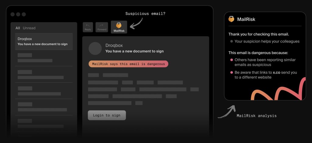 Illustration showing a suspicious email and a MailRisk prompt.