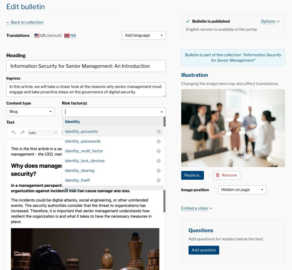 Screenshot of the Secure Practice bulletin editing page, showing a user selecting a risk factor to assign.