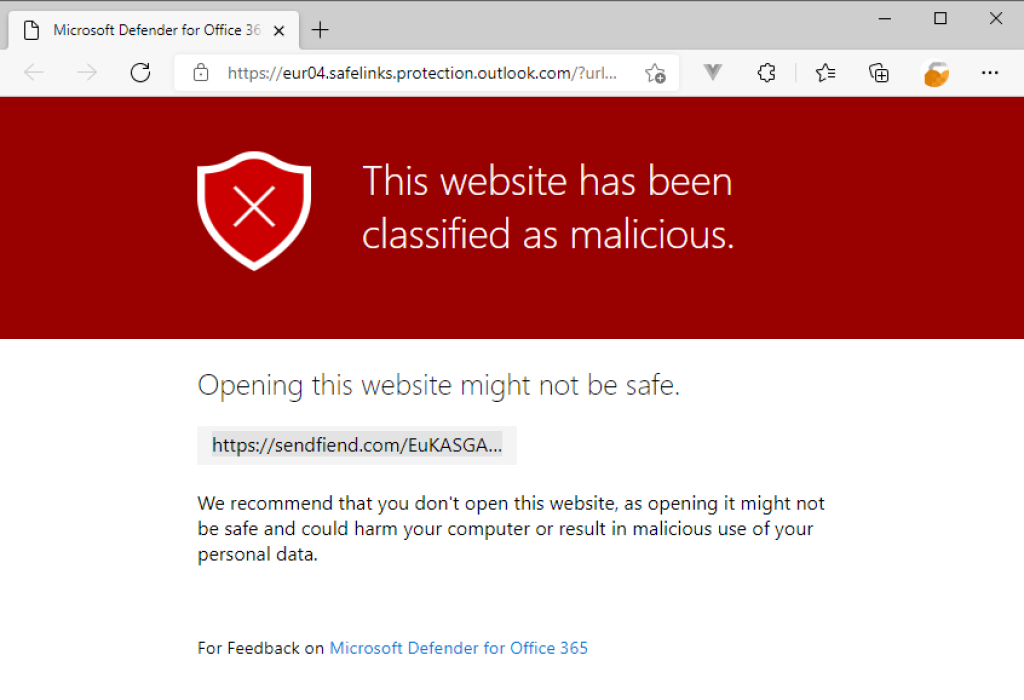 Warning screen that a link is marked as malicious.