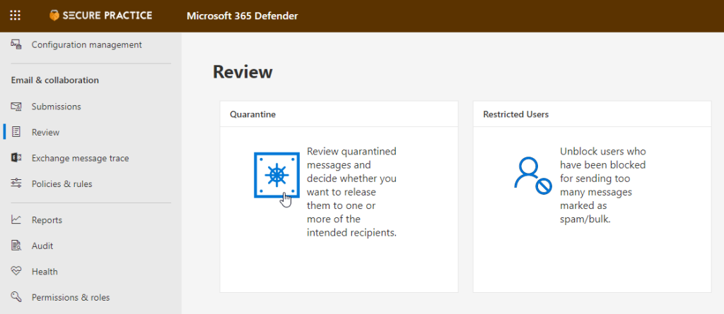 Location of Quarantine in Office 365.