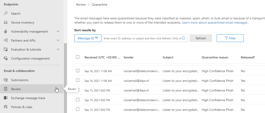 Searching for missing simulated phishing emails in the Quarantine/Review section of Office 365.