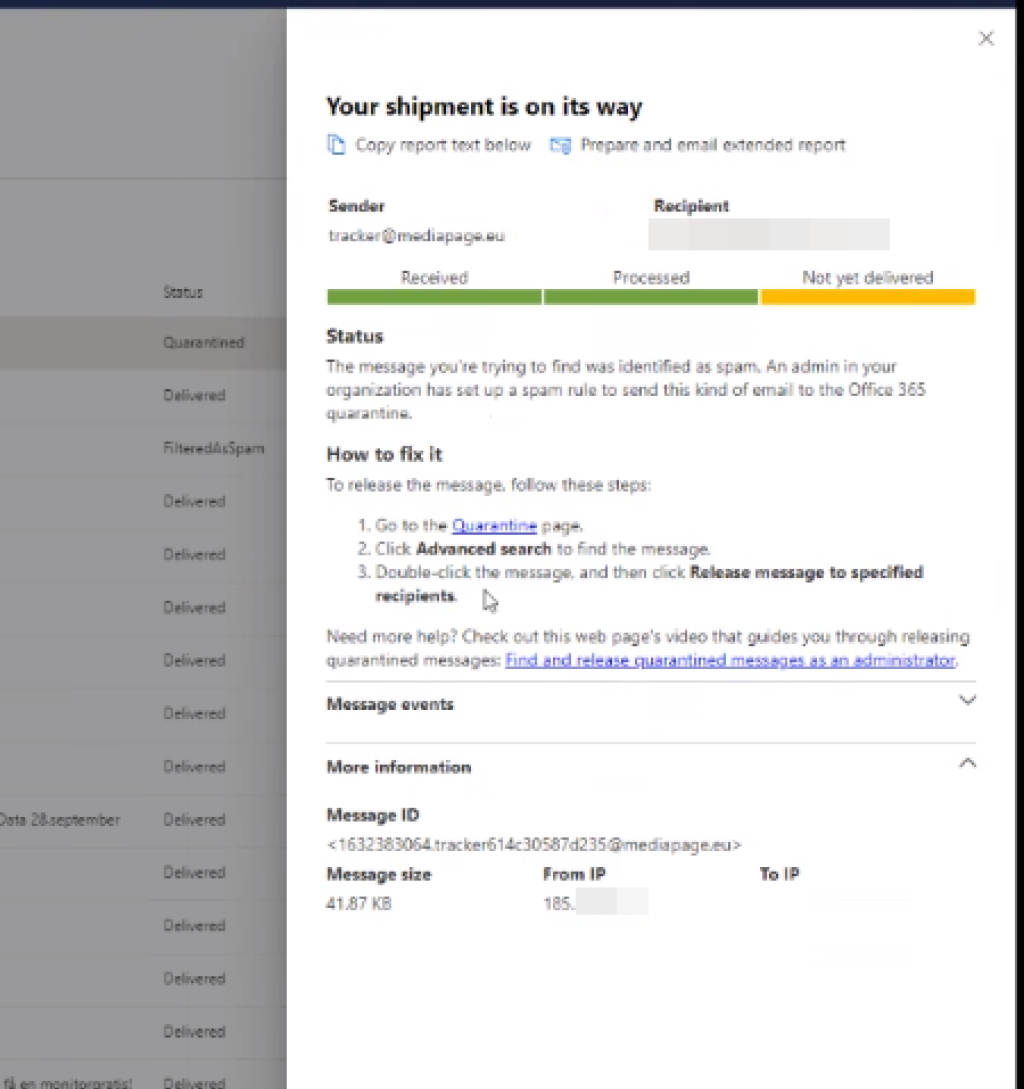 Previewing a single email in the quarantine.