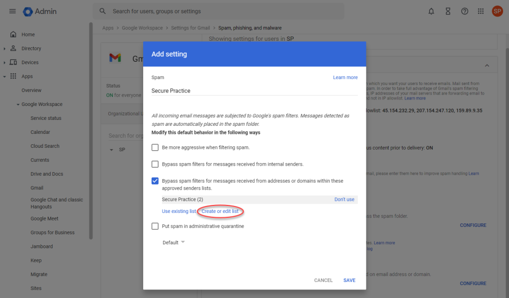Location of the Create or Edit List option.