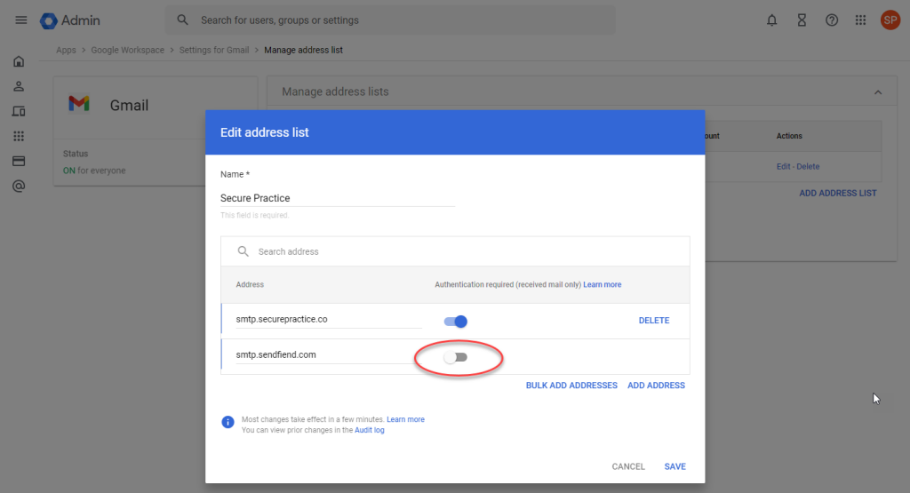 Location of Authentication Required toggles.