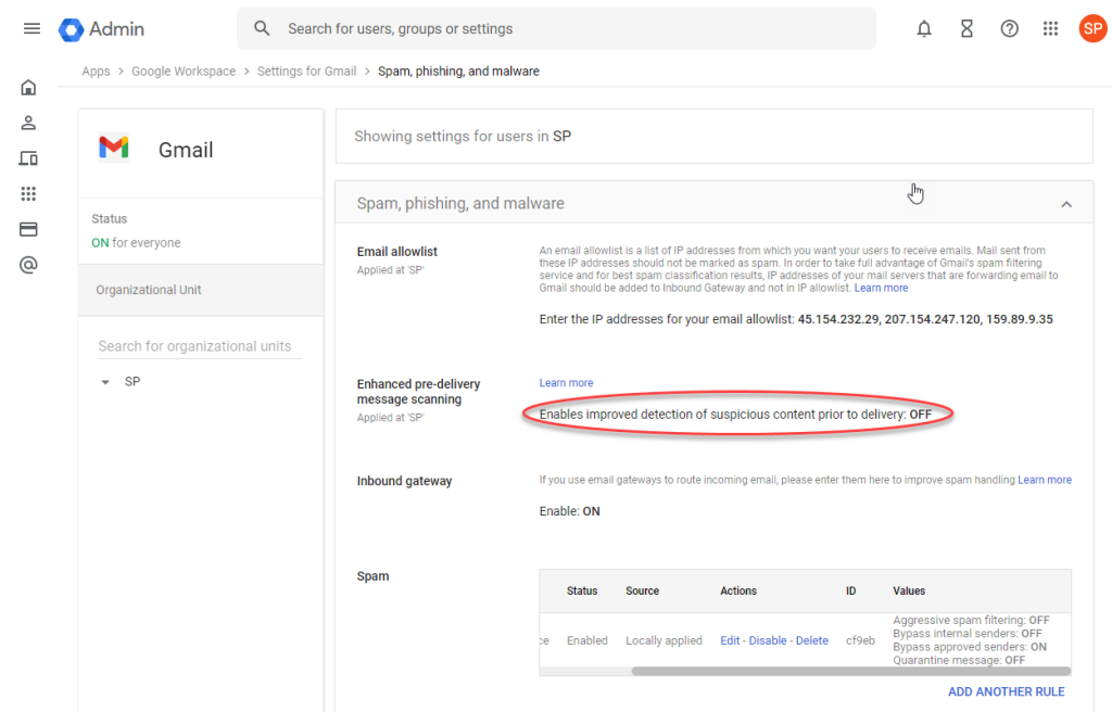 Location of Enhaned Pre-delivery Message Scanning in Google.