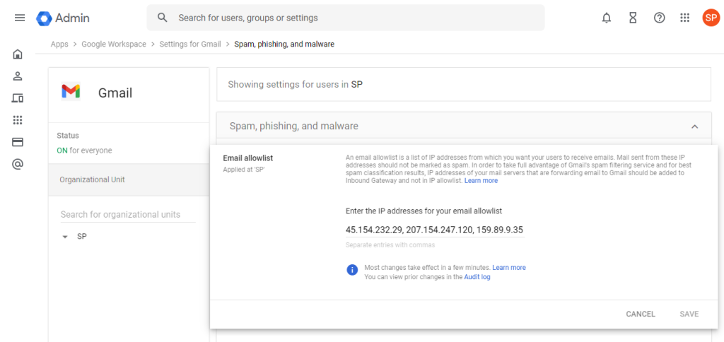 Email allowlist window.