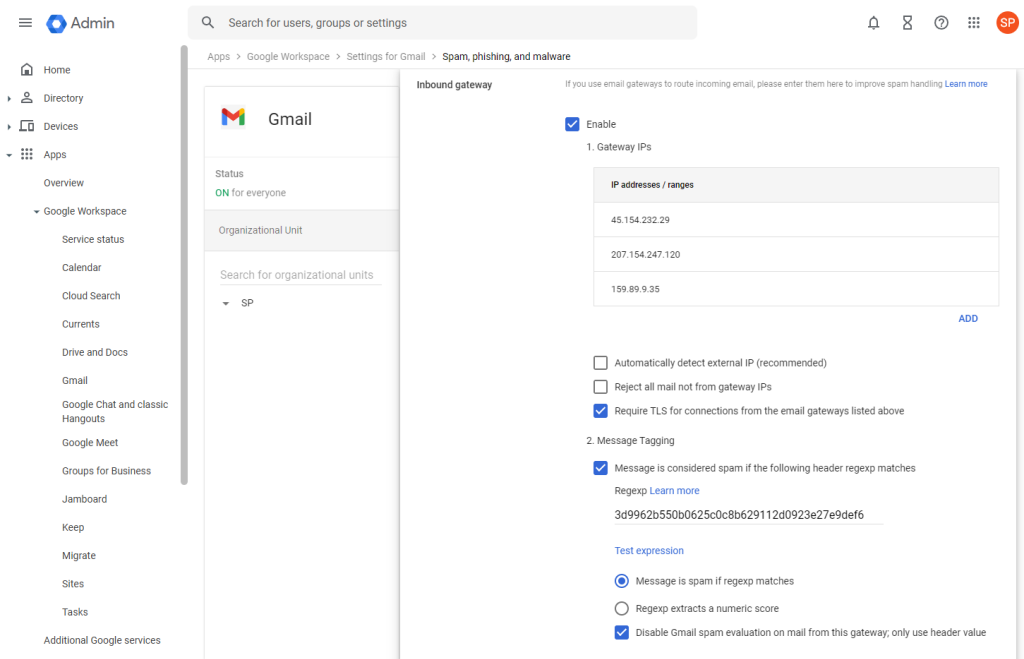 Location of the Gateway IPs area in Google.