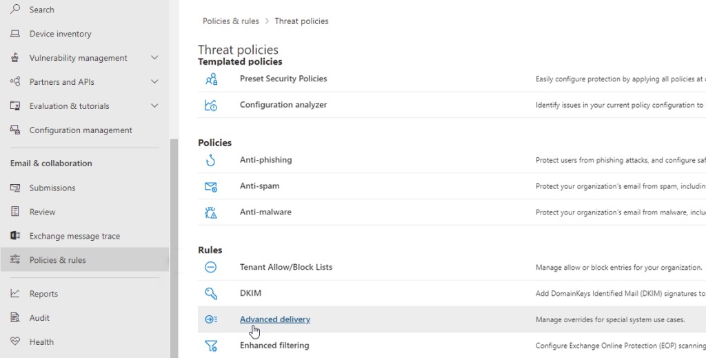 Location of Advanced Delivery option.