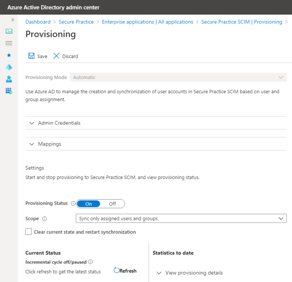 Toggling the Provisioning Status in Azure.