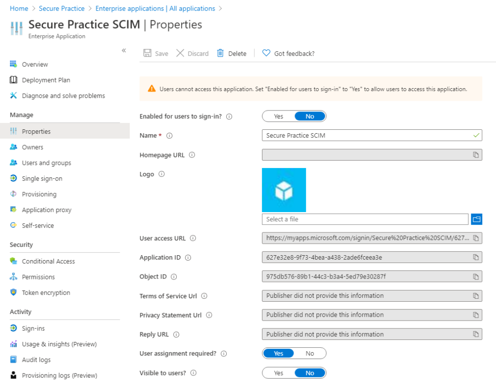 Hiding the new application from assigned users.