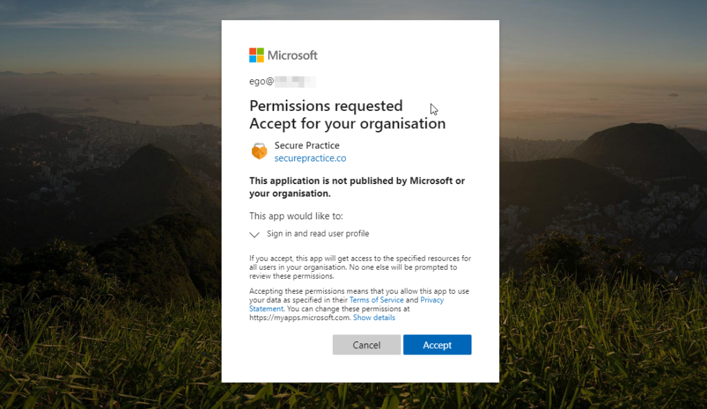 Accepting permissions for the organization.