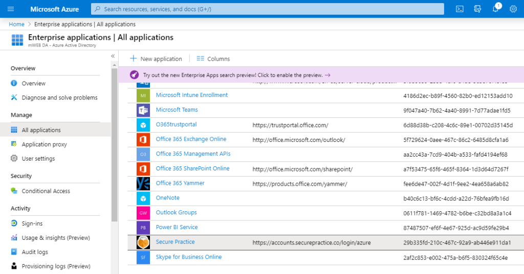 Enterprise Applications screen.