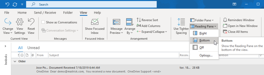 Location of the Reading Pane option in the Outlook.