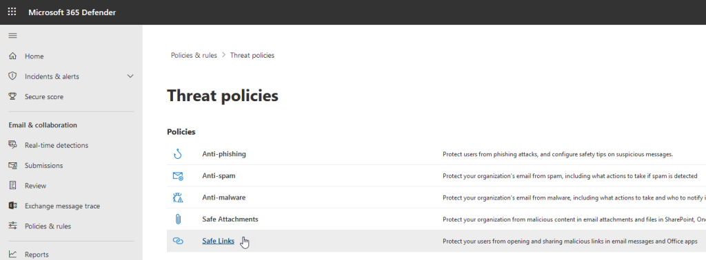 Location of the Safe Links option.
