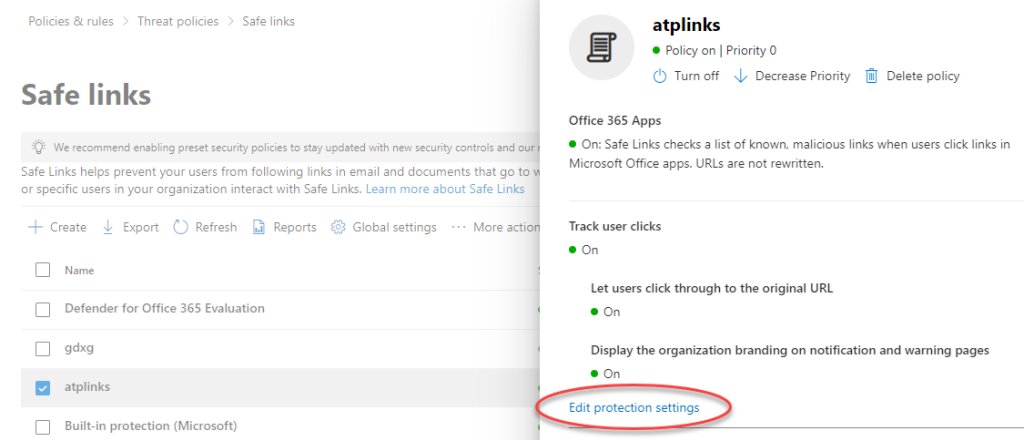 Location of the Edit Protection Settings link.