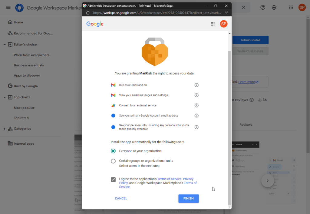 Google admin-wide installation consent screen.