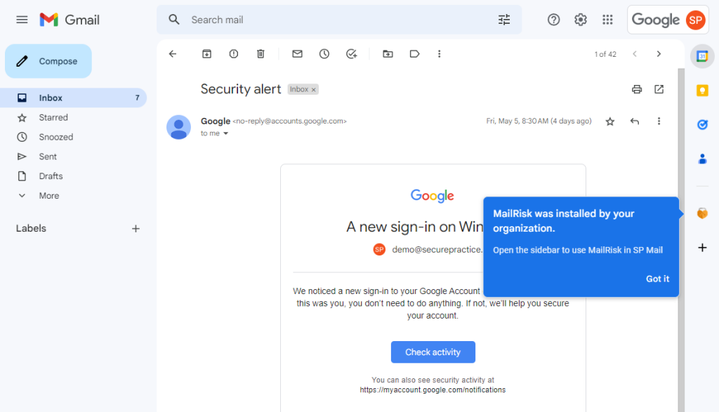 Check that MailRisk is in the user sidebar in Google Workspace.