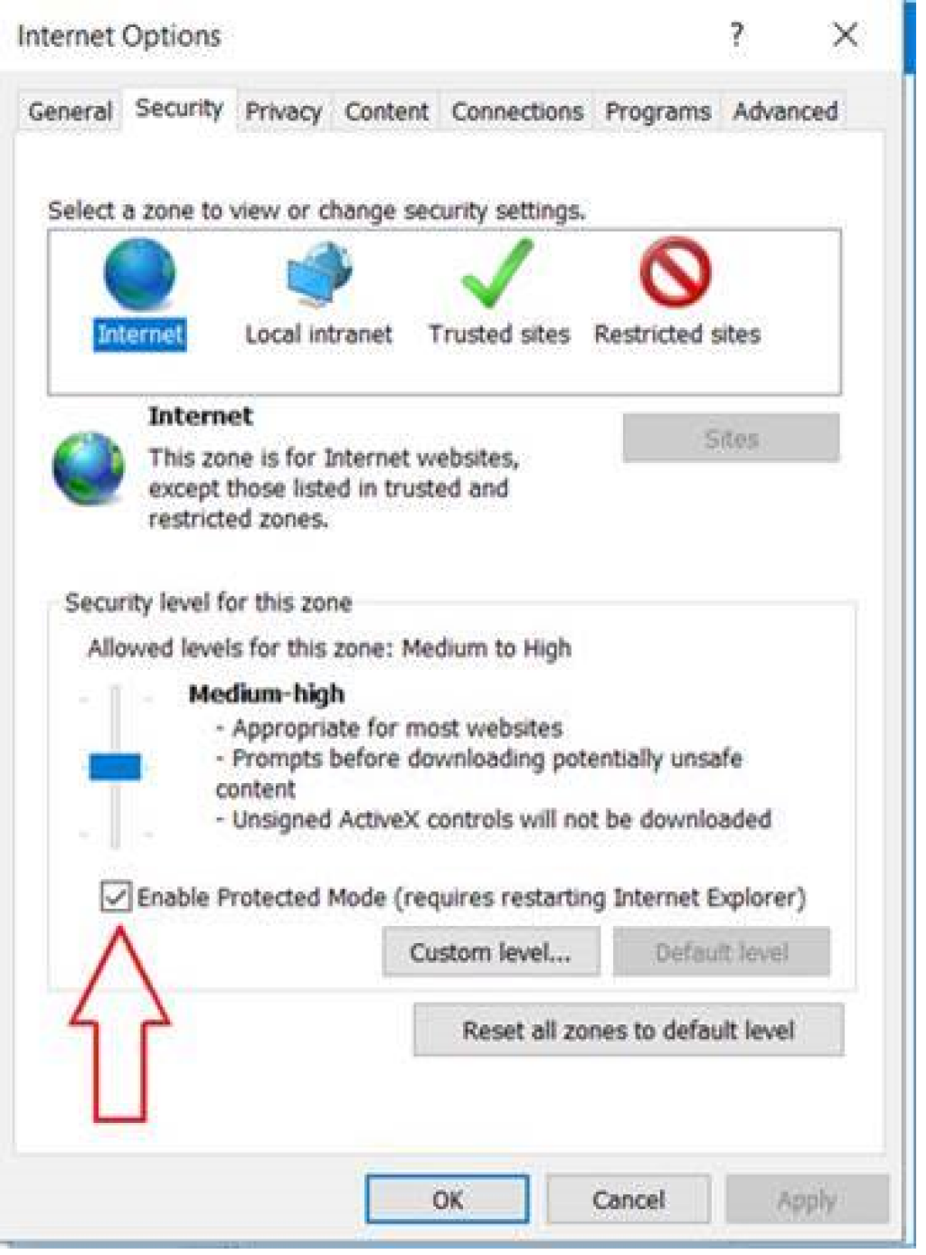Location of the Enabled Protected Mode checkbox.