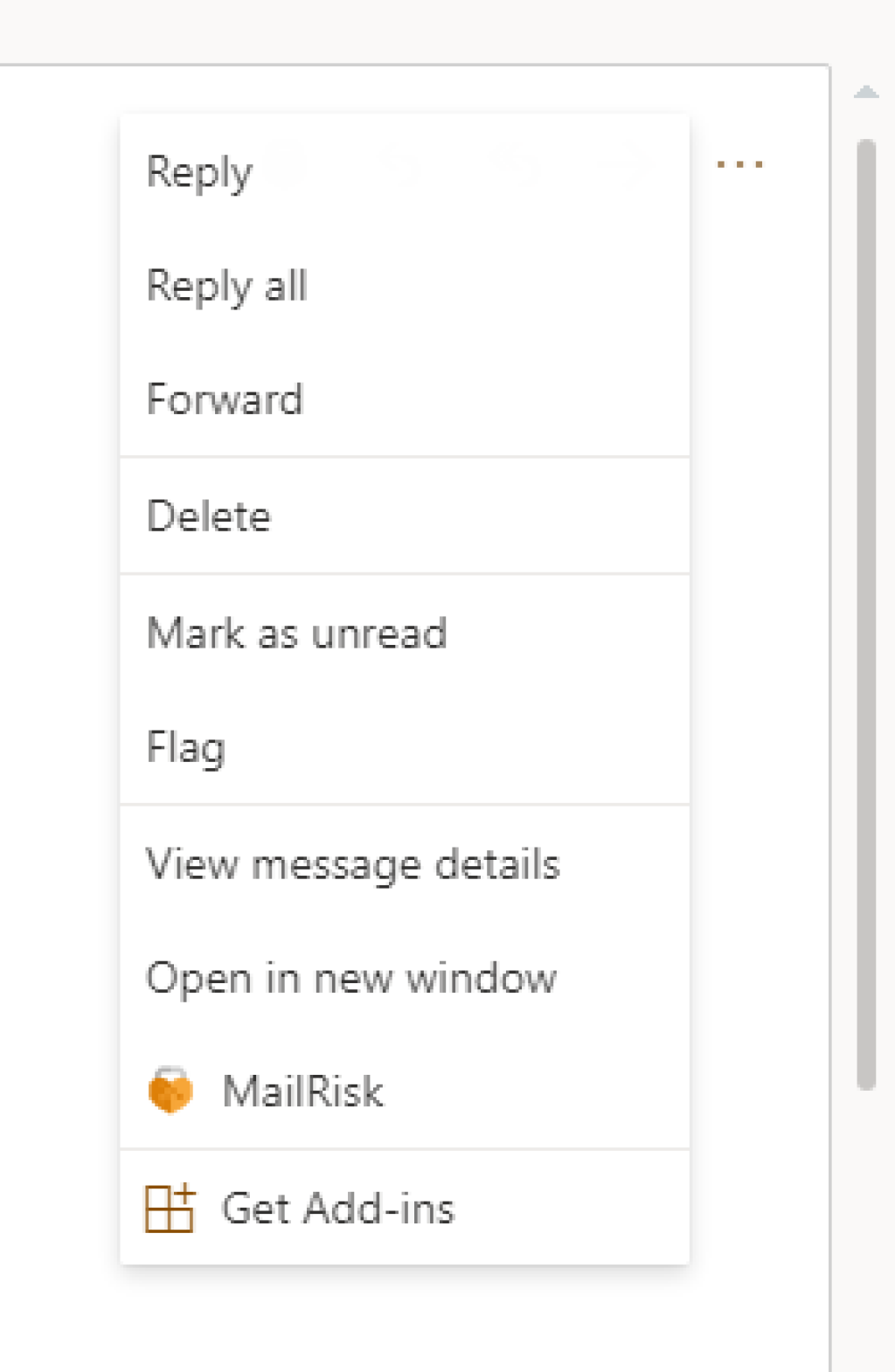 Screenshot showing the location of MailRisk in Office 356 context menus.