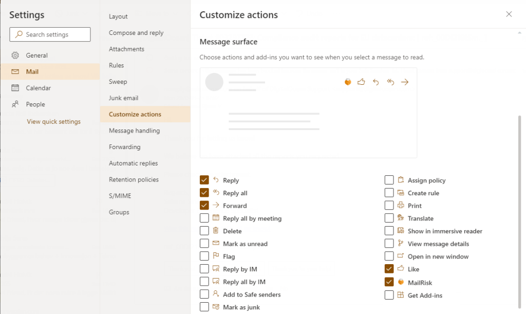 Location of MailRisk in quick actions list.