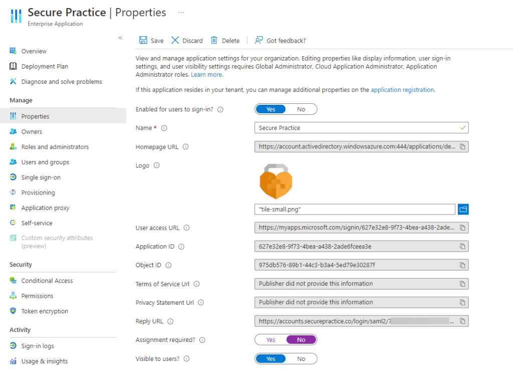 Properties tab in the Enterprise Application.