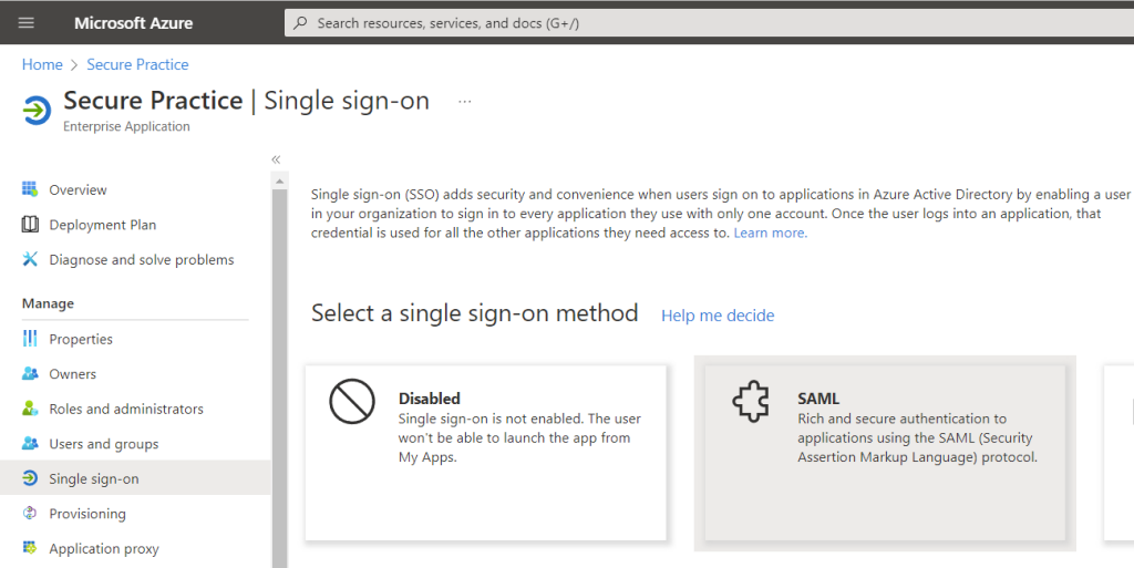Single sign-on screen in the Enterprise Application.
