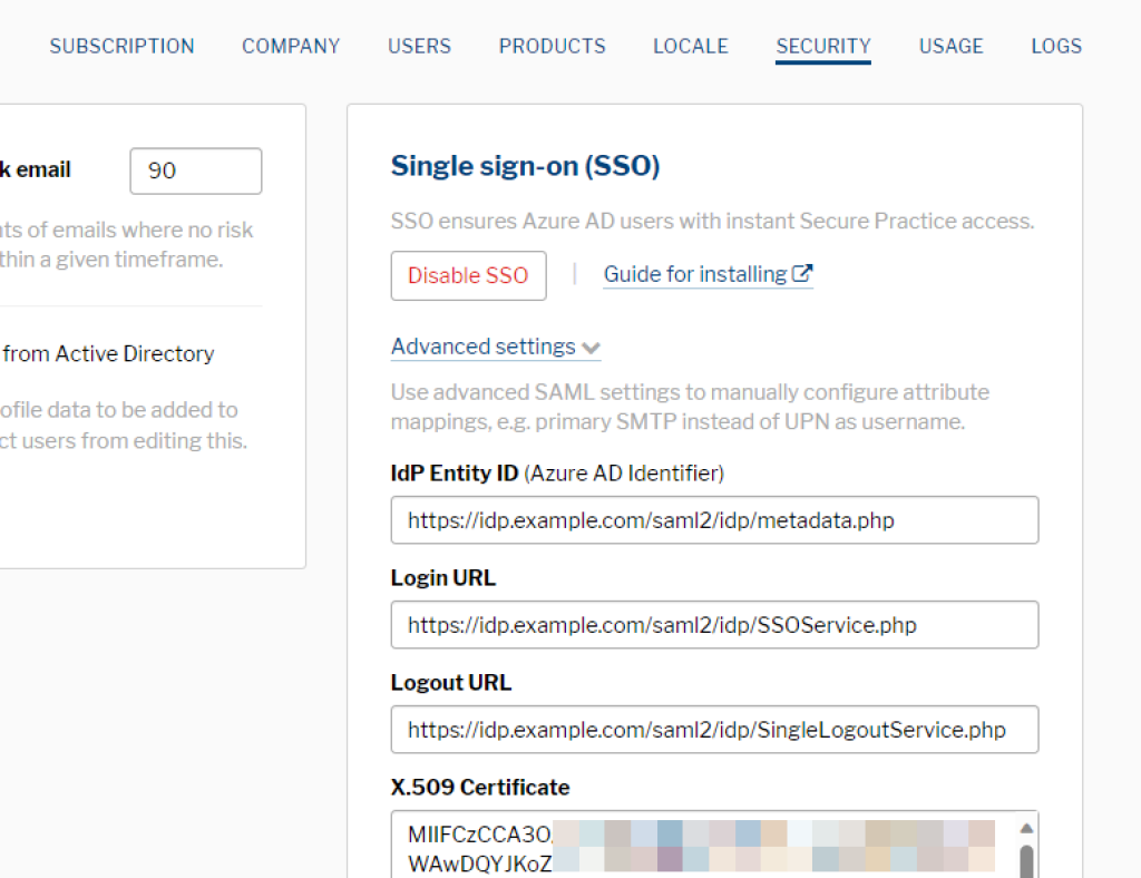 Location of Advanced Settings in Secure Practice.