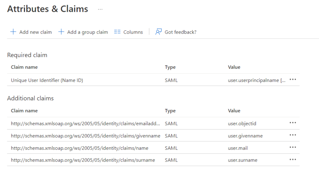 Attributes & Claims screen.