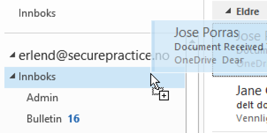 Dragging email from messages to personal inbox.